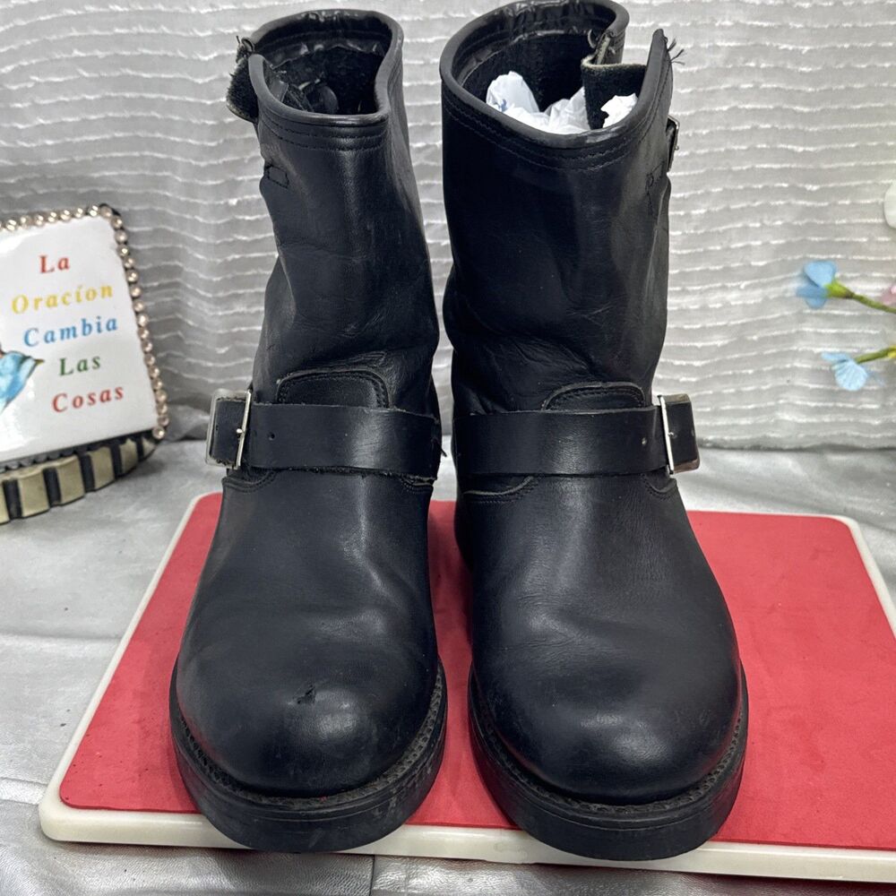 Black Leather Men's Buckle Engineer Boots